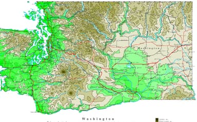 Shaded contour map of Washington State showing green lowlands, olive high ground through the Cascades, highways, rivers, and labelled cities
