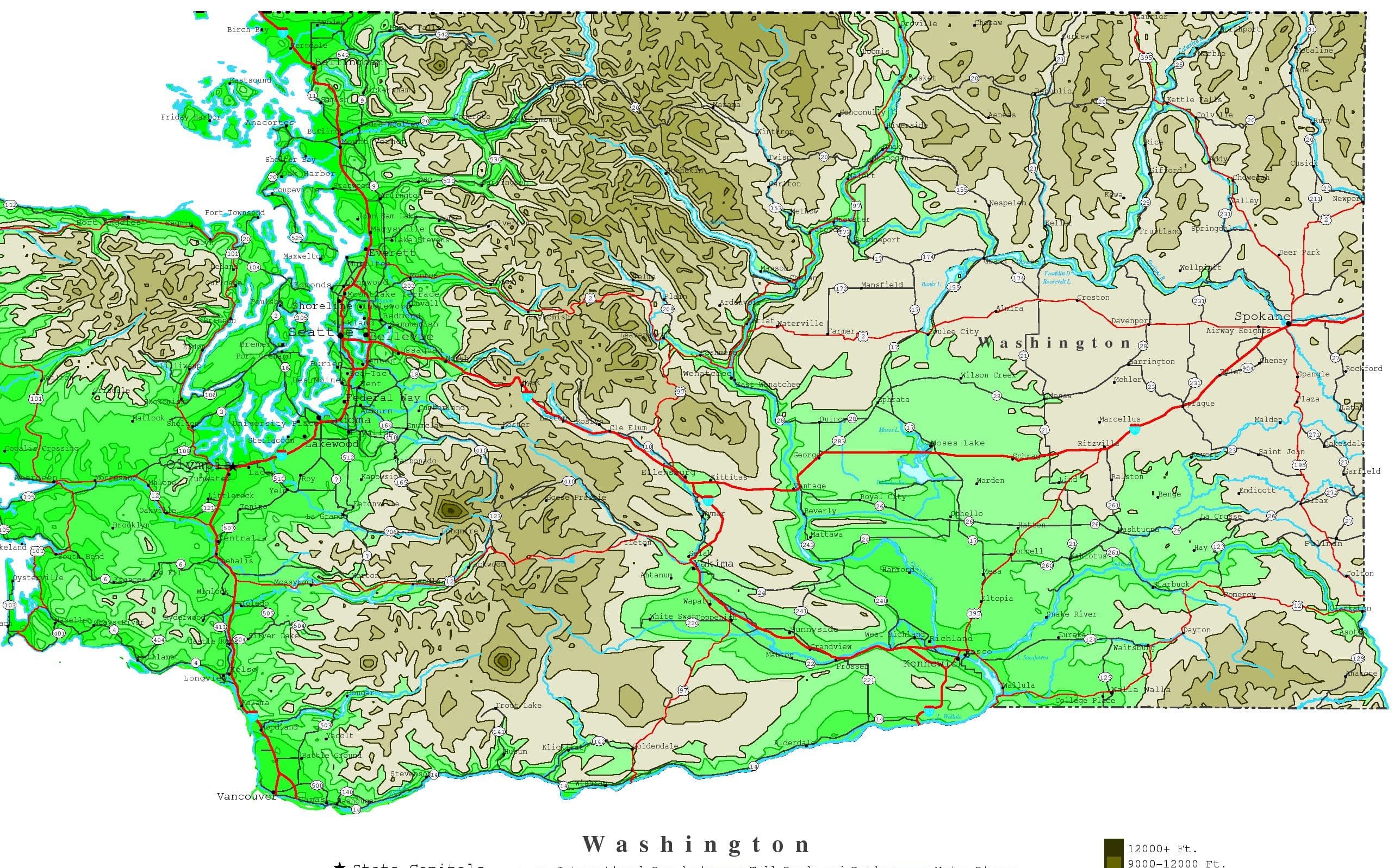 Shaded contour map of Washington State: green lowlands along the coast and Puget Sound, olive and tan high ground through the Cascades and the northeastern ranges, elevation contour lines throughout, red highways, cyan rivers and inland waters, and labelled cities including Seattle, Spokane, Yakima, Olympia and Vancouver.